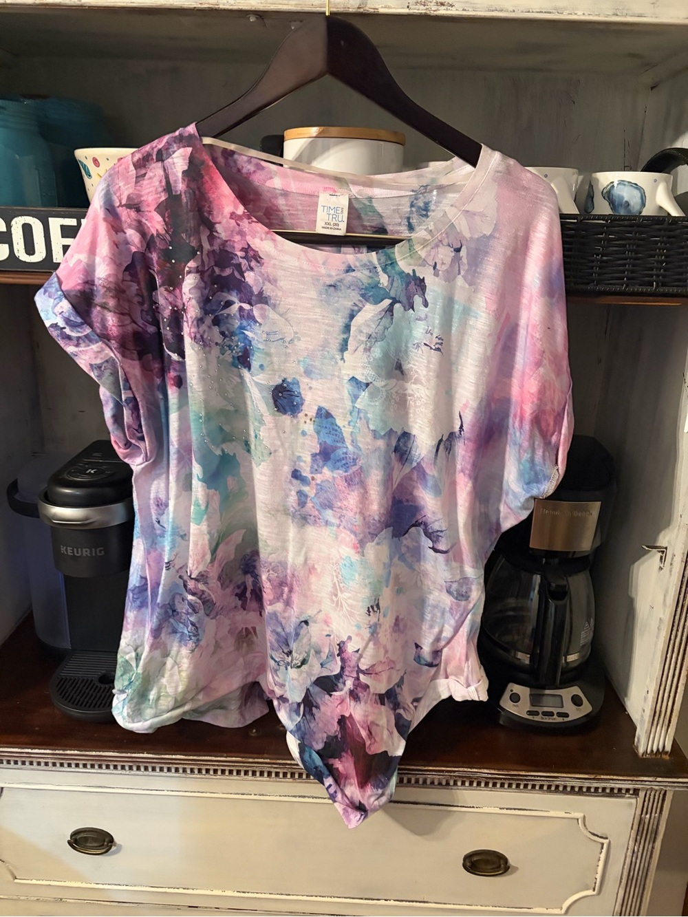 Time and Tru Floral Watercolor Scoop Neck Top - Pink & Purple XXL